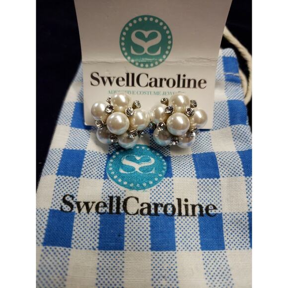 Swell Caroline Faux Pearl and Crystal Clear Rhinestone Cluster Earrings - Picture 1 of 11